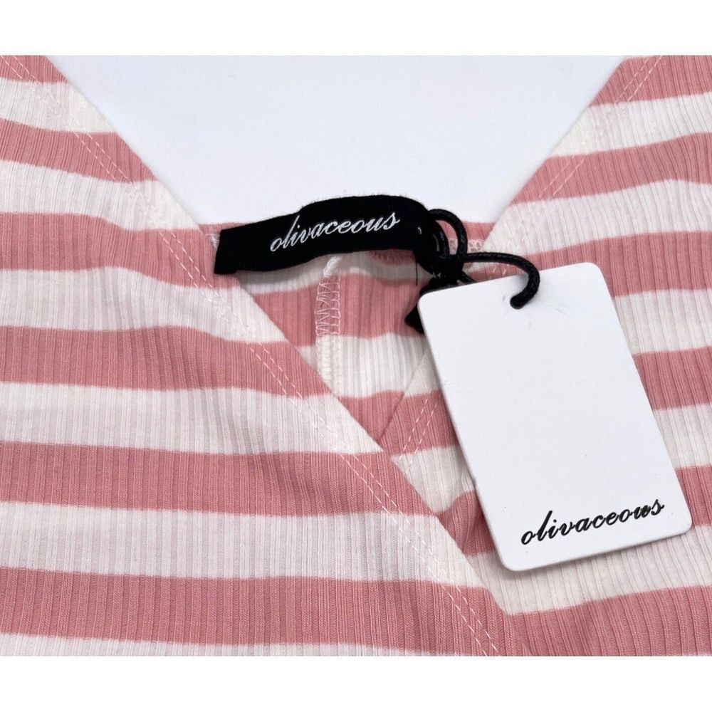 Olivaceous Wrap Midi Dress Pink and White Ribbed Summer Dress Tie Waist Womens S - Picture 6 of 8